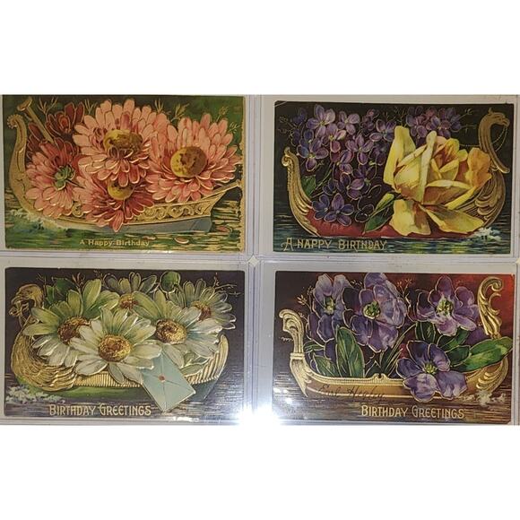 Lot Of Four Vintage Antique Embossed Postcards Flowers Birthday Boats - Picture 1 of 9